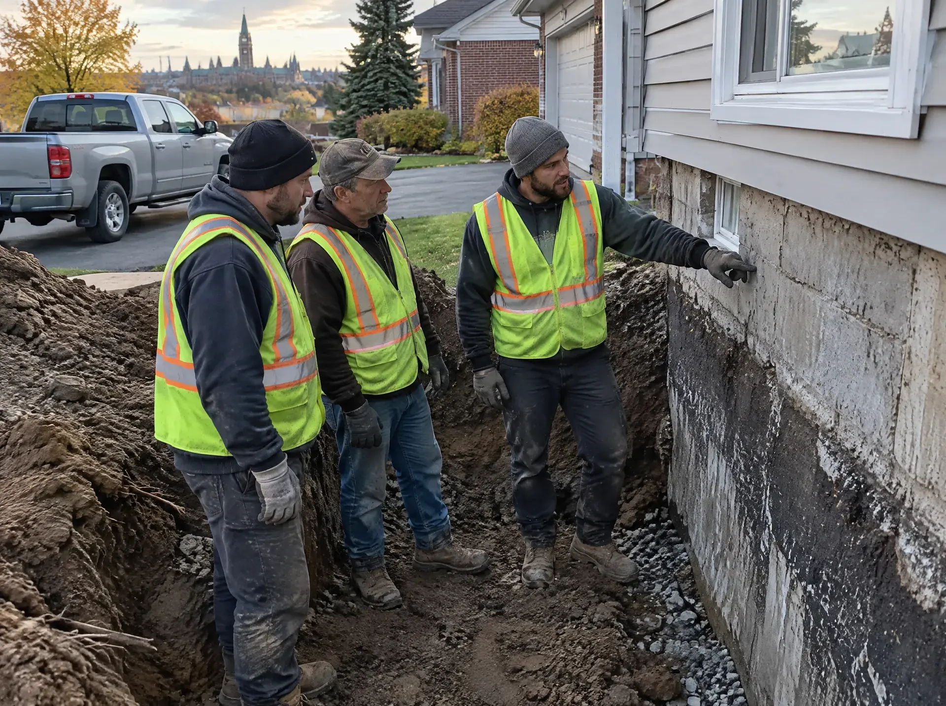 Three workers in hi-vis vests beside an excavated foundation wall