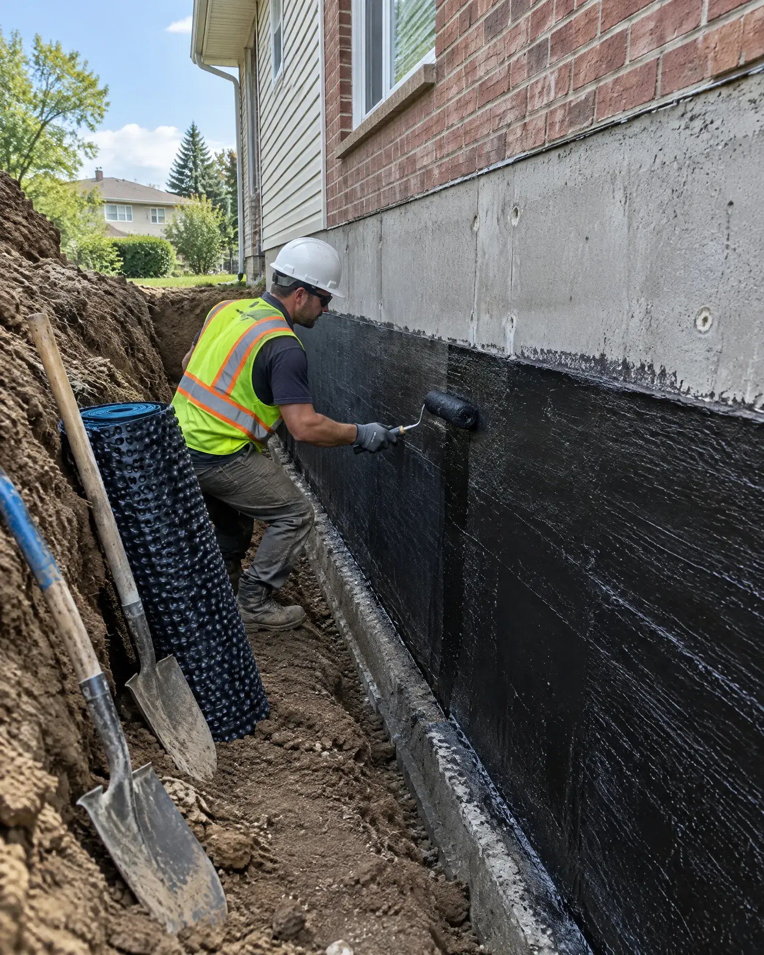 Worker applying waterproofing membrane to an excavated poured-concrete foundation wall