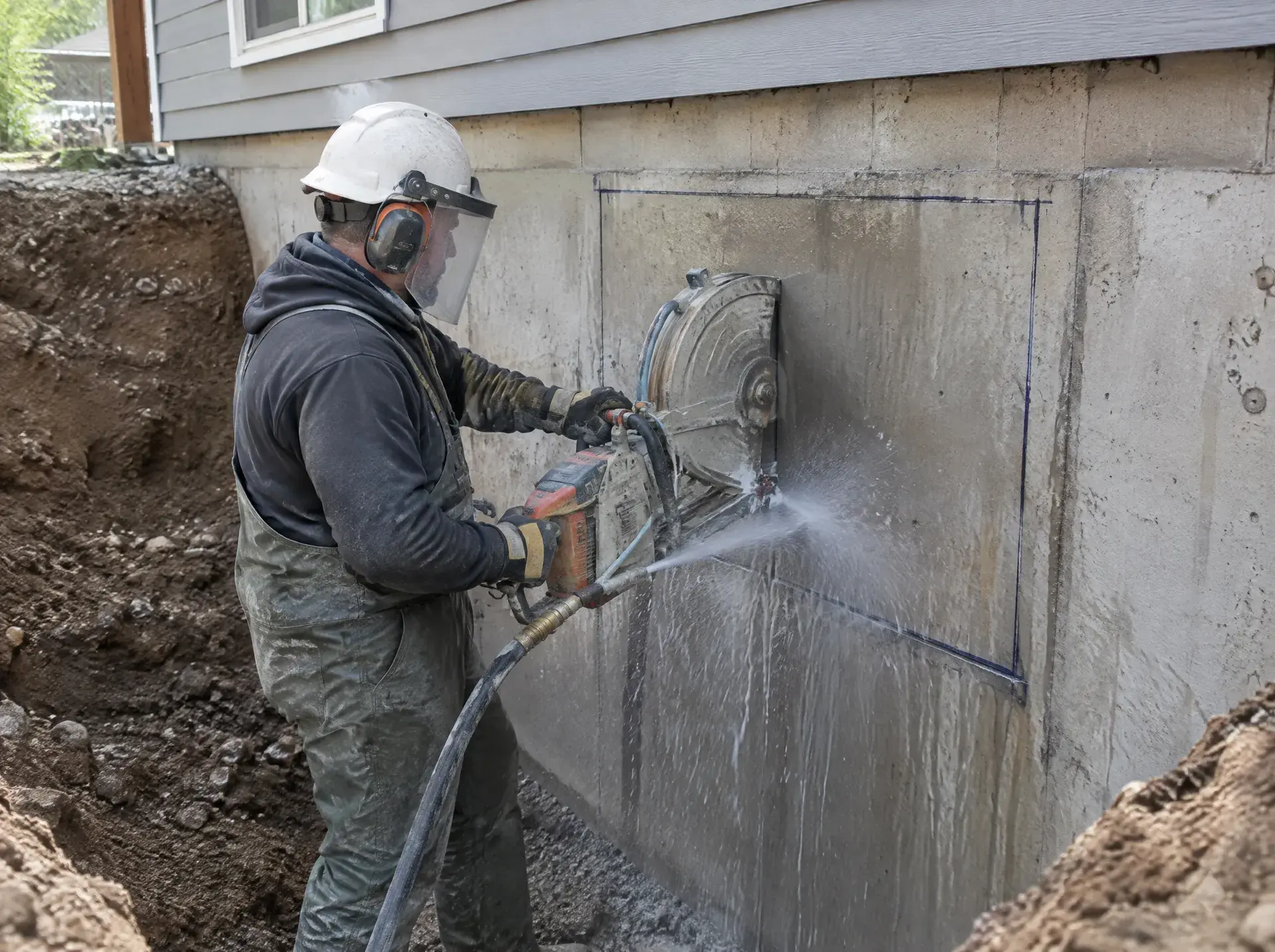Worker in safety gear wet-cutting a new window opening in a concrete foundation wall