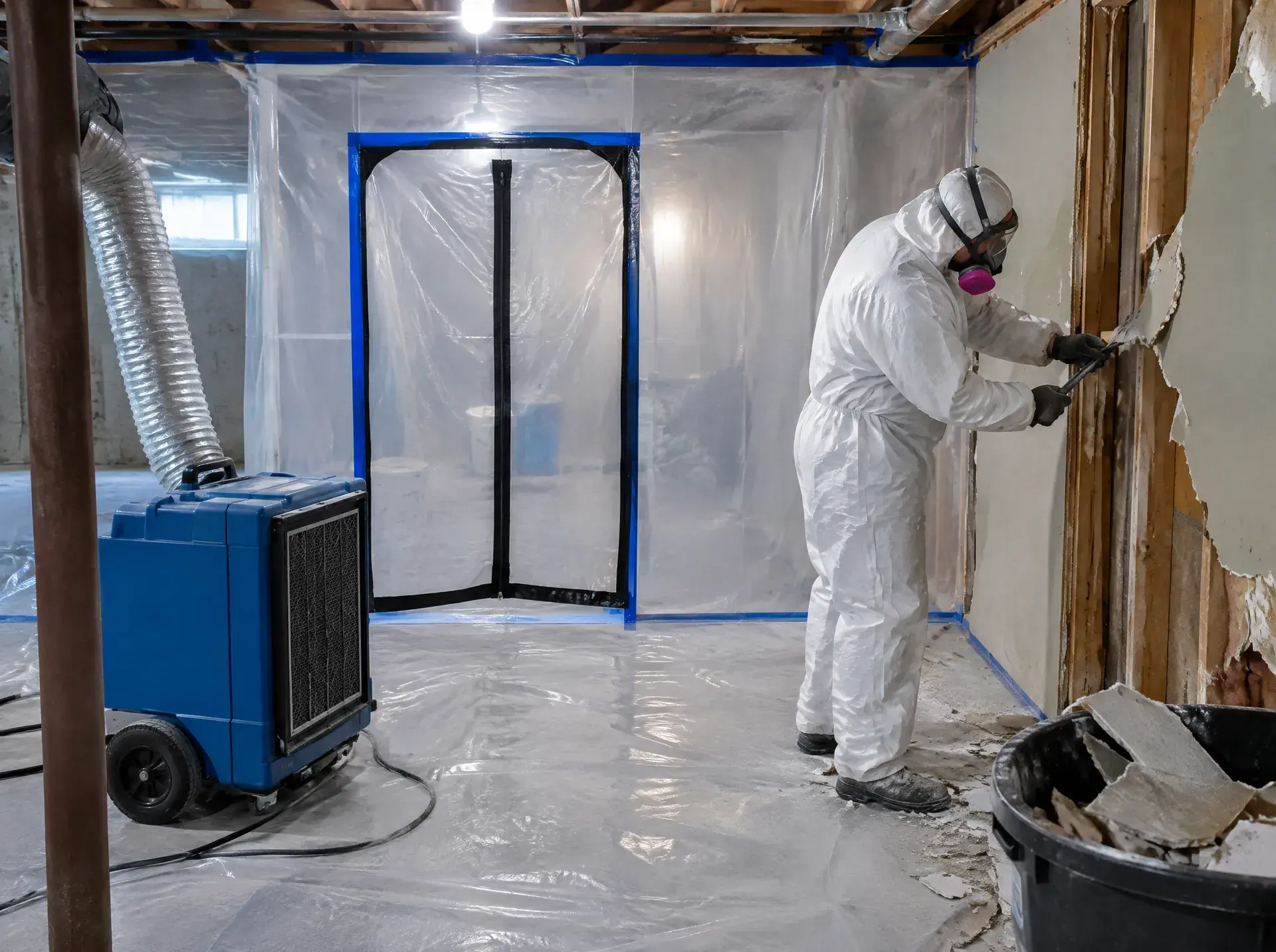 Technician in protective suit removing drywall inside a sealed containment with an air scrubber running