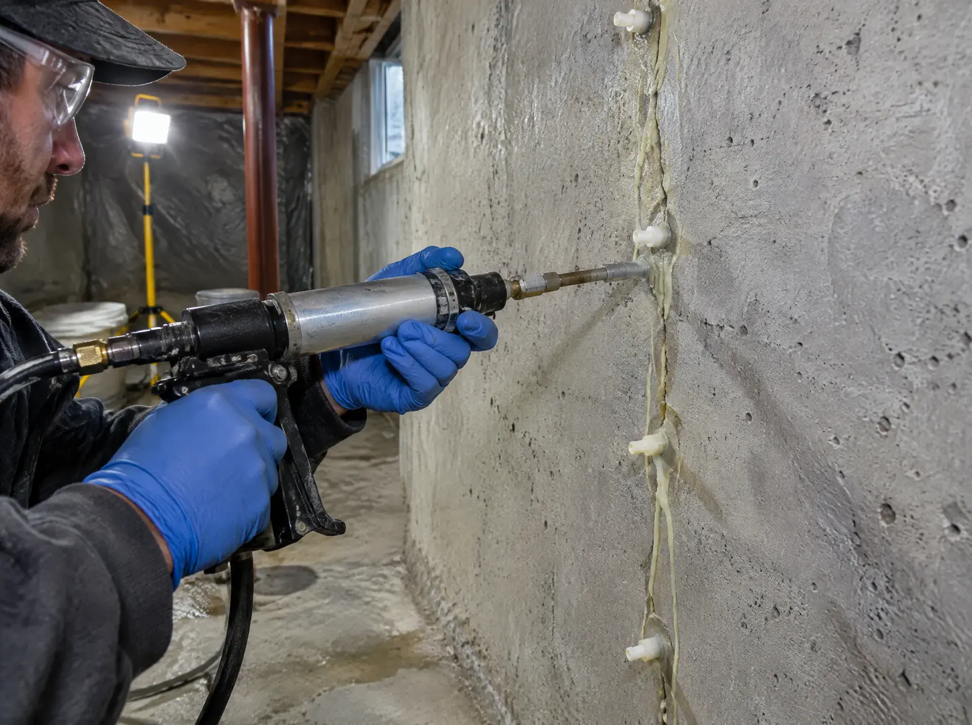 Crack injection ports along a sealed crack in a basement wall